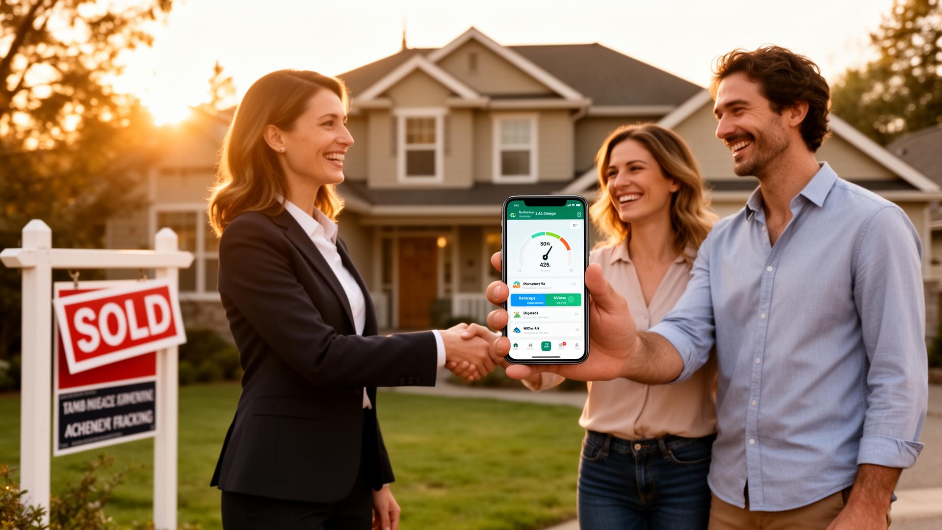 Professional realtor closing a deal with happy homebuyers in front of a sold home, using RealtorMile on her phone